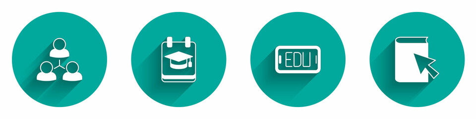 Set Online class, education, and book icon with long shadow. Vector