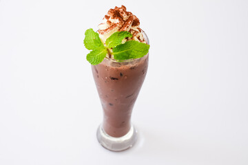Glass of Iced chocolate with whip cream on white background.