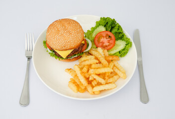 Plate hamburger with fries on white background.