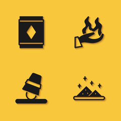 Set Magic carpet, powder, Game thimbles and Hand holding fire icon with long shadow. Vector