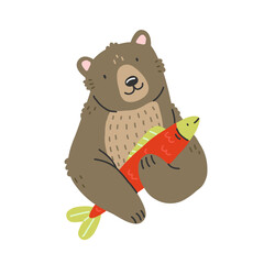 A brown bear holds a fish in its paws. Cute bear character in cartoon style. Vector isolated illustration with an animal.