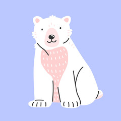 Sitting cute polar bear in cartoon style. Vector isolated illustration with an animal.