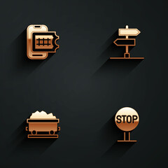 Set Online ticket booking, Road traffic sign, Coal train wagon and Stop icon with long shadow. Vector