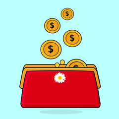 red wallet with dollar money flat vector