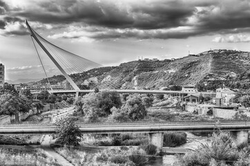 View over the Crathis river and Calatrava's Bridge, Cosenza, Italy