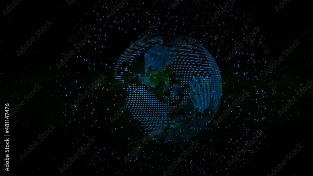 Poster digital earth rotating. earth globe rotating with plexus motion background. futuristic communication