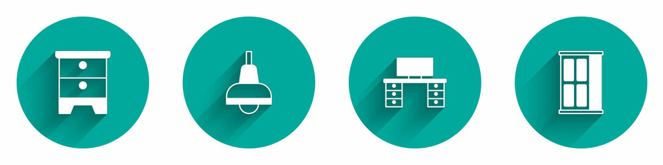 Set Furniture nightstand, Lamp hanging, Office desk and Wardrobe icon with long shadow. Vector