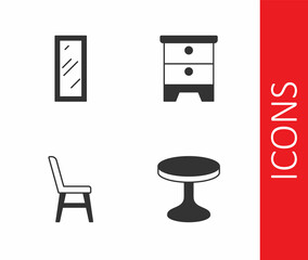 Set Round table, Big full length mirror, Chair and Furniture nightstand icon. Vector