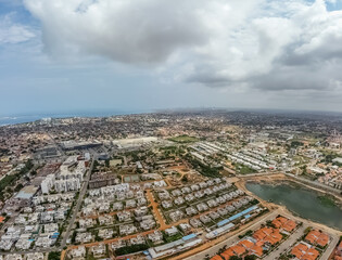 Aerial drone photography of Talatona city in Belas, residential area with condominiums with luxury houses and luxury office buildings, metropolitan area of Luanda, Angola