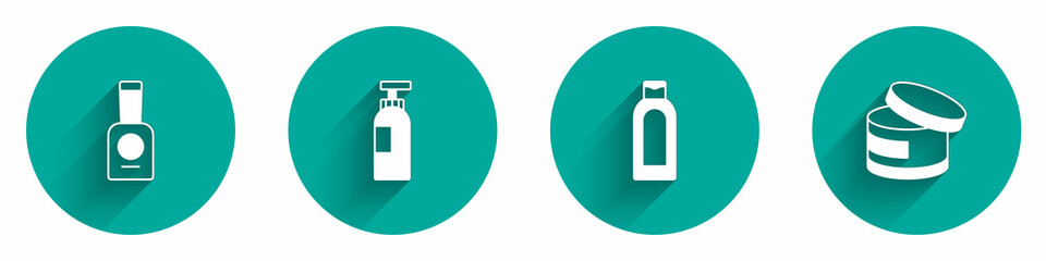 Set Bottle of nail polish, shampoo, and Cream or lotion cosmetic tube icon with long shadow. Vector