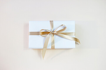 gift box. free space for text on pastel background. Valentines day concept. Mother's Day concept. Greetings. Copy space. Flat lay, top view.