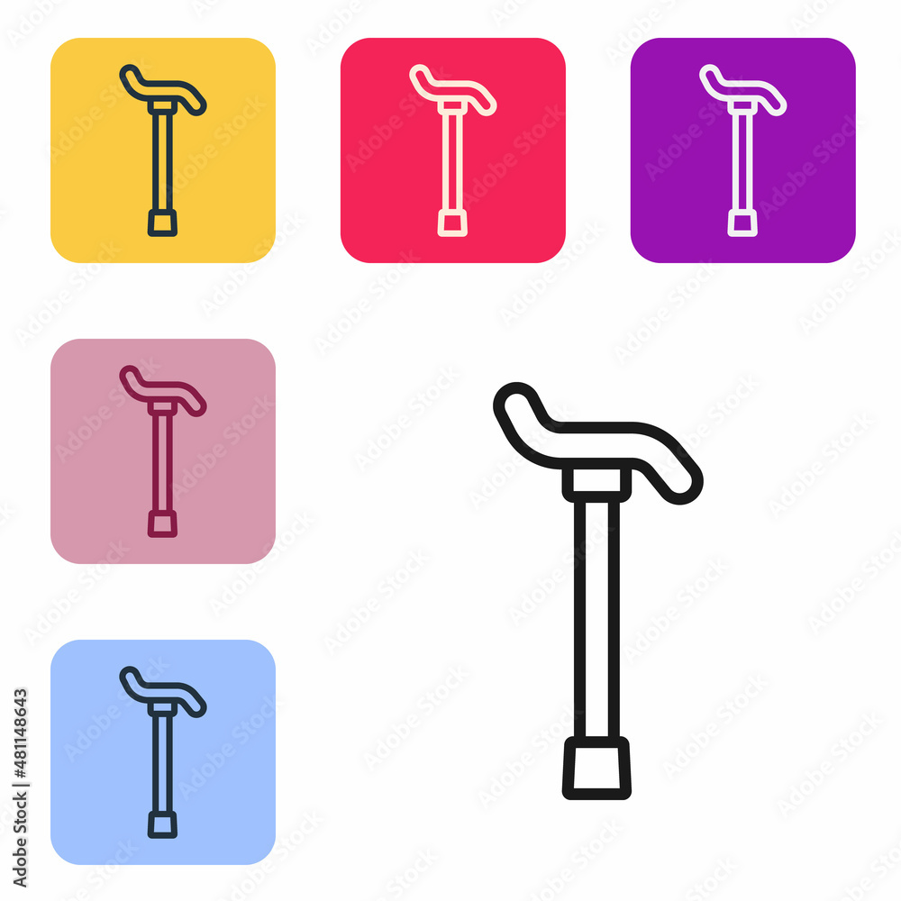 Poster black line walking stick cane icon isolated on white background. set icons in color square buttons. 
