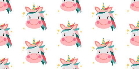 Unicorn seamless cute pattern in cartoon style on white background.