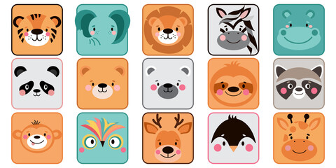 Animal square face ui. Funny cartoon Muzzles. Memo. Cute simple icon set. Illustrations on white background
