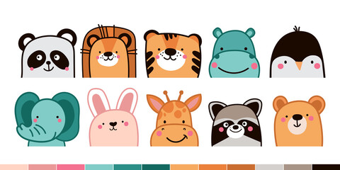 Animal square face ui. Funny Muzzles. Cute simple icon set. Illustrations on white background