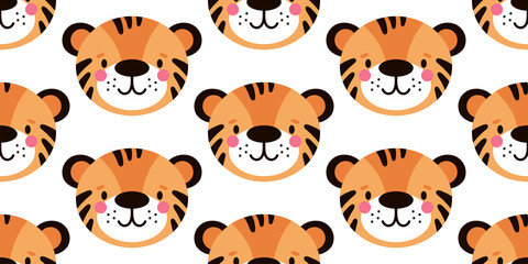 Tiger seamless cute pattern in cartoon style on white background.
