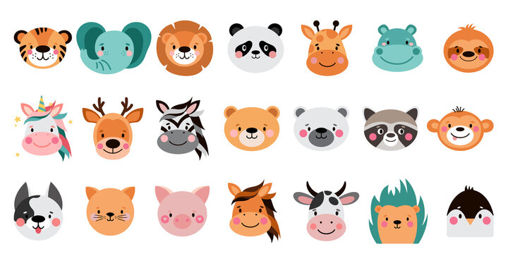 Animals funny cartoon Muzzles. Cute simple face ui set. Illustrations on white background