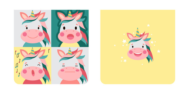 Unicorn square face. Cute template for memo, notebook cover, planner, note, stickers, labels. Funny cartoon Muzzles. Illustrations on white background