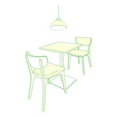 Thin line table, chair, lamp, cafe. Line drawing furniture for a coffee shop.