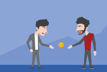 An illustration of two businessman doing transaction with crypto coin