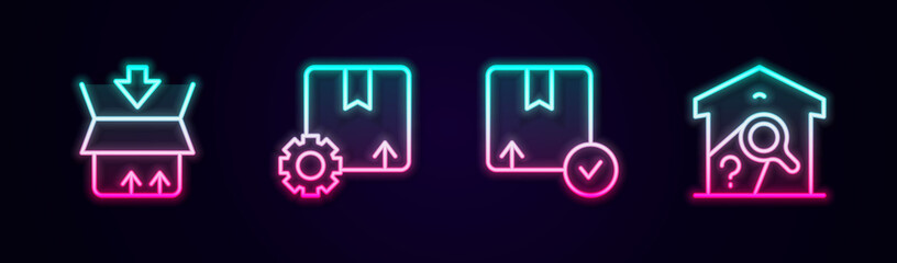 Set line Carton cardboard box, Gear with package, and Warehouse check. Glowing neon icon. Vector