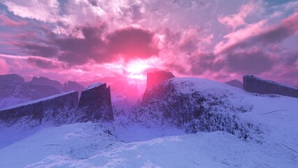 Canyon in snow at sunset, snow covered mountain canyon at sunrise, sunset over snow canyon, 3d rendering