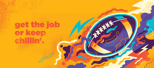 Colorful American football banner design in abstract style with ball and various splashing shapes. Vector illustration. - obrazy, fototapety, plakaty