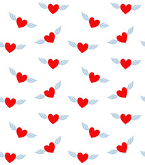 Vector seamless pattern of hand drawn doodle sketch heart with wings isolated on white background