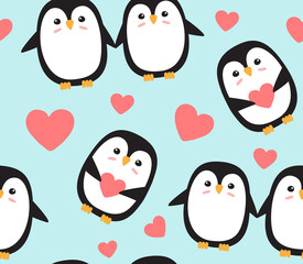 Vector seamless pattern of Valentine love penguin with hearts isolated on blue background