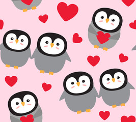 Vector seamless pattern of Valentine love penguin with hearts isolated on pink background