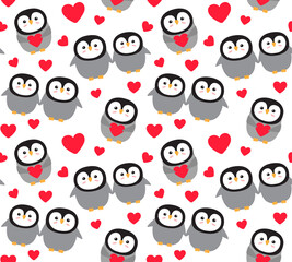 Vector seamless pattern of Valentine love penguin with hearts isolated on white background