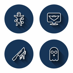 Set line Voodoo doll, Flying bat, Bloody knife and Ghost with long shadow. Blue circle button. Vector