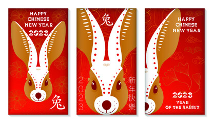 Set of vertical banners for Happy Chinese New Year. Rabbit is a symbol of the lunar year 2023. Translation of hieroglyphs: Rabbit, Happy New Year. Vector illustration.