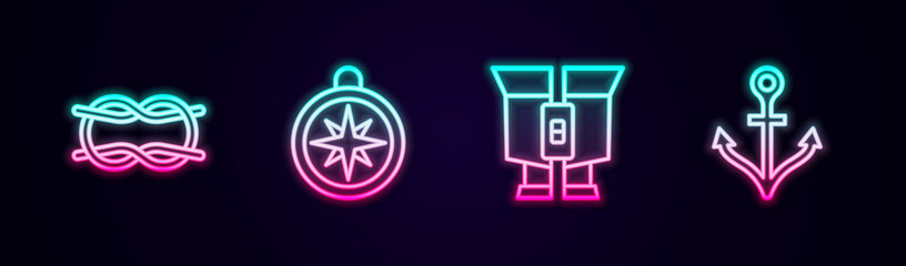 Set line Nautical rope knots, Compass, Binoculars and Anchor. Glowing neon icon. Vector