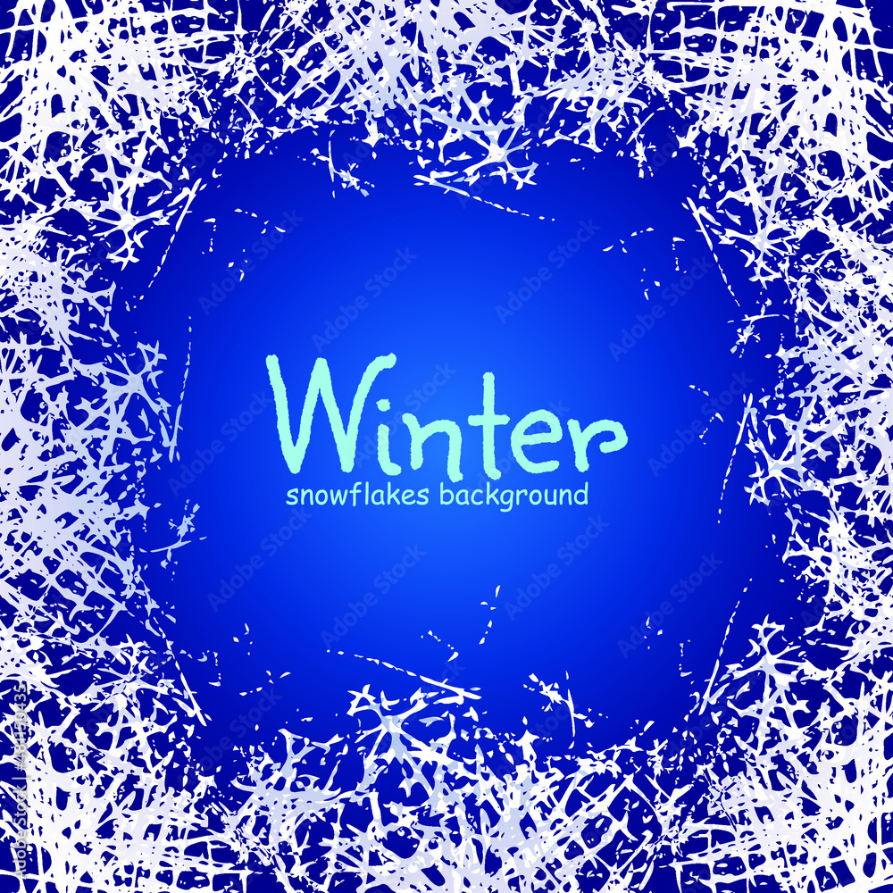 Poster white ice crystals texture on freeze winter window. vector design frame with frosted patterns. winte