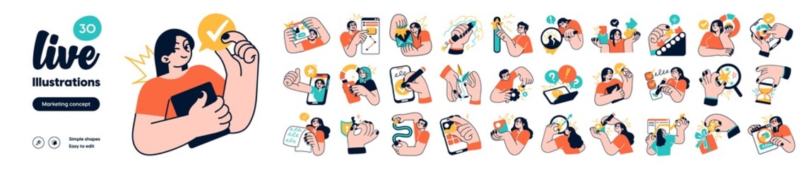 Social Media Marketing illustrations. Mega set. Collection of scenes with men and women taking part in business activities. Trendy vector style