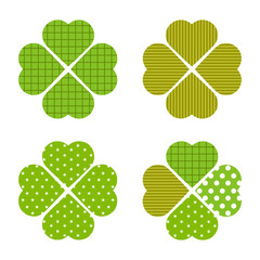 Abstract decorative four-leaf clover, leaf clover icon. Checkered, striped, with stars and with combined sheets isolated on a white background