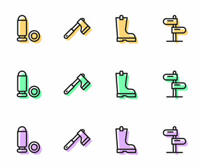Set line Waterproof rubber boot, Bullet, Wooden axe and Road traffic sign icon. Vector
