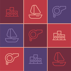 Set line Award over sports winner podium, Whistle and Yacht sailboat icon. Vector