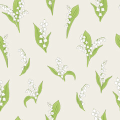 Lilies of the valley flower hand drawn vector seamless pattern. Vintage Romantic Spring Garden Bloom background. Liberty inspired retro floral print for fashion fabric, home textile, Easter design