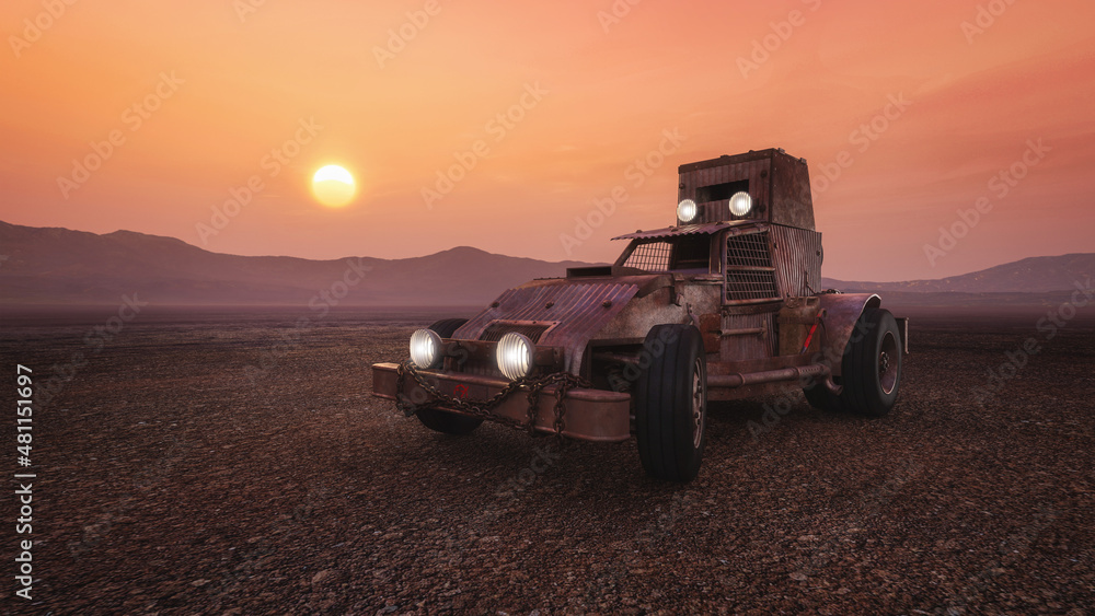 Aufkleber futurie fantasy concept car with corrugated iron protection in a post apocalyptic desert wasteland a