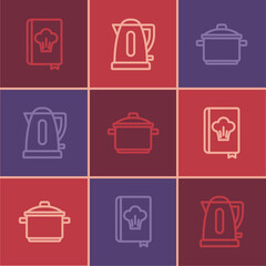 Fototapeta premium Set line Cookbook, Cooking pot and Electric kettle icon. Vector