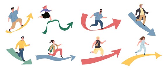 Set of vector flat cartoon characters runs along huge arrows,moving to a set goal-life problems solving,goal and success achievement,personal growth metaphor concept,web site banner ad design