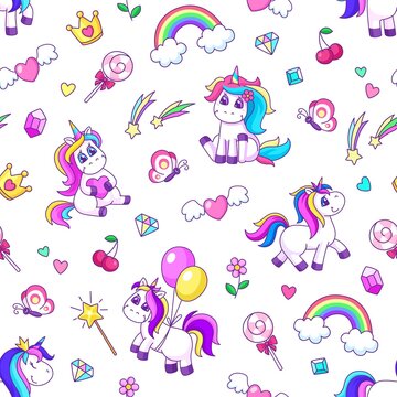 Cute unicorn seamless pattern. Unicorns print, funny sweet dreams wallpaper. Rainbow and sweets, childish fairy toys garish vector texture