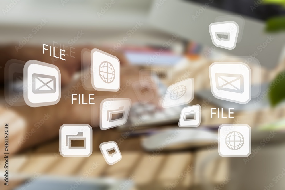 Poster online virtual documentation database, document management concept illustration.