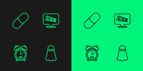 Set line Ghost, Alarm clock, Sleeping pill and Sleepy icon. Vector