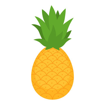 Pineapple whole fruit for package design. Summer tropical fruit cartoon flat icon isolated on white background. Organic food, healthy nutrition, vegetarian product. Vector illustration.