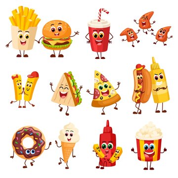 Funny fast food characters. Joyful snack, sandwich and drink. Isolated burger, dessert and ice cream. Pizza slice and potatoes sticks, garish vector clipart