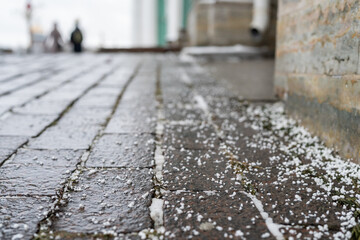 Closeup view of technical salt grains on icy sidewalk surface in wintertime, used for melting ice and snow. Applying salt to keep roads clear and people safe in winter weather from ice or snow