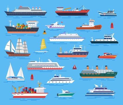 Flat ships. Flat ship, boat and yachts. Sea cruise, shipping and water transportation. Cartoon ferry and vessel with cargo, sailboat. Marine exact vector elements